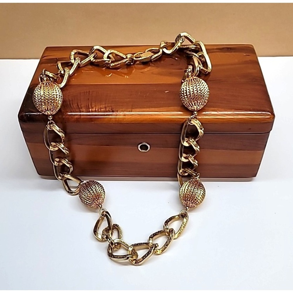 Vintage Large Link Gold Tone Metal Necklace with Detailed Round Beads 31" Length